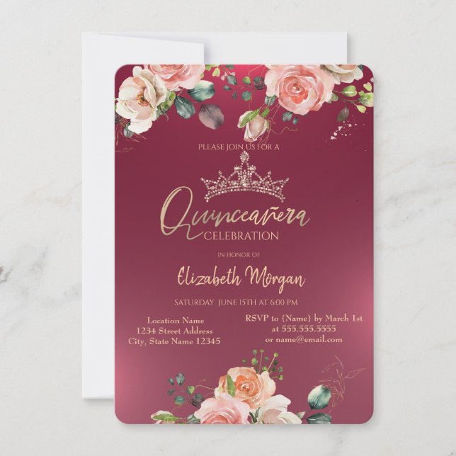 Convites Coroa Chic Rosas Borgonha Quinceañera (Frente)