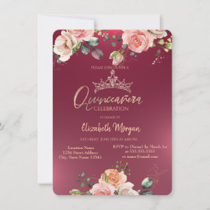 Convites Coroa Chic Rosas Borgonha Quinceañera