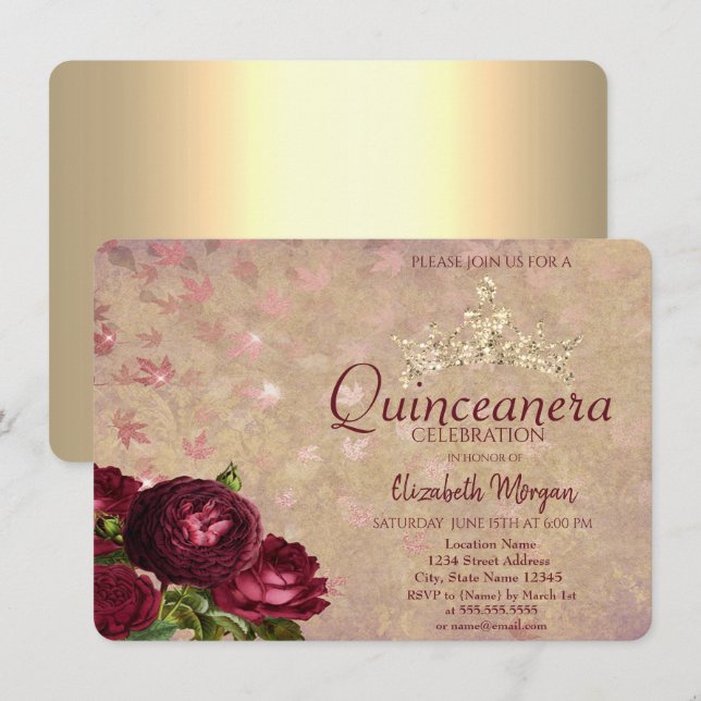 Convites Coroa Chic Rosas Vermelhas Quinceañera    (Frente/Verso)