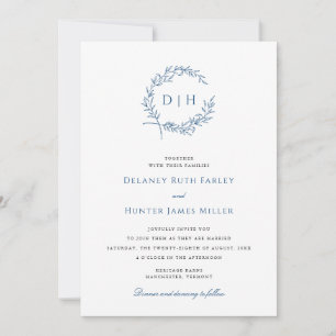 Convites Coroa Clássica de Monograma de Casamento Azul-Mari