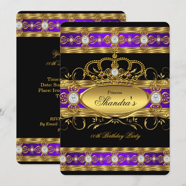 Convites Coroa da Rainha Diamante Dourado Roxo Princesa Rea (Frente/Verso)