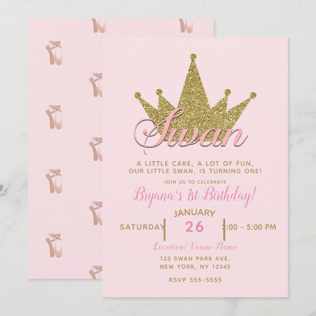 Convites Coroa de Aniversário Brilho Rosa e Dourado Princes (Frente/Verso)