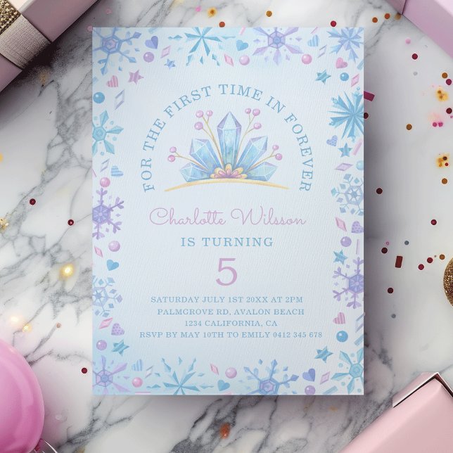 Convites Coroa de Aniversário da Princesa de Conto de Fadas (Watercolor Frozen Fairy Tale Snowflakes Hearts Ice Crystals Princess Crowns Birthday Invitation)