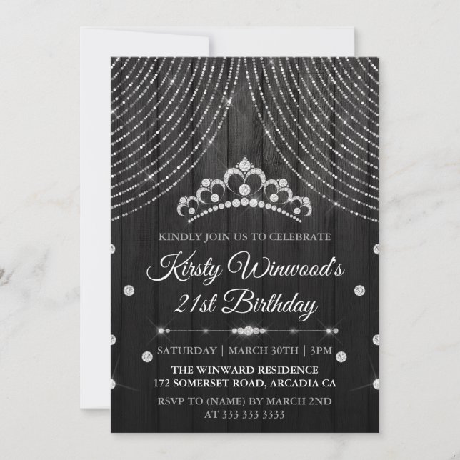 Convites Coroa de Aniversário de Diamante Preto Prata (Frente)