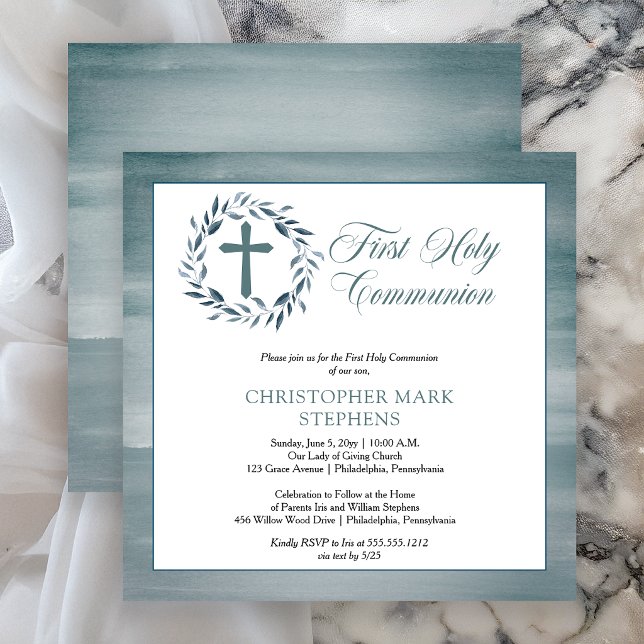 Convites Coroa de Aquarela Azul Menino Primeira Comunhão (Elegant Blue Watercolor Wreath Boy First Holy Communion Invitation)