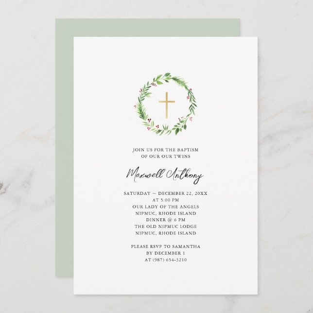 Convites Coroa de Aquarela e Cruz Dourada Batismo (Frente/Verso)