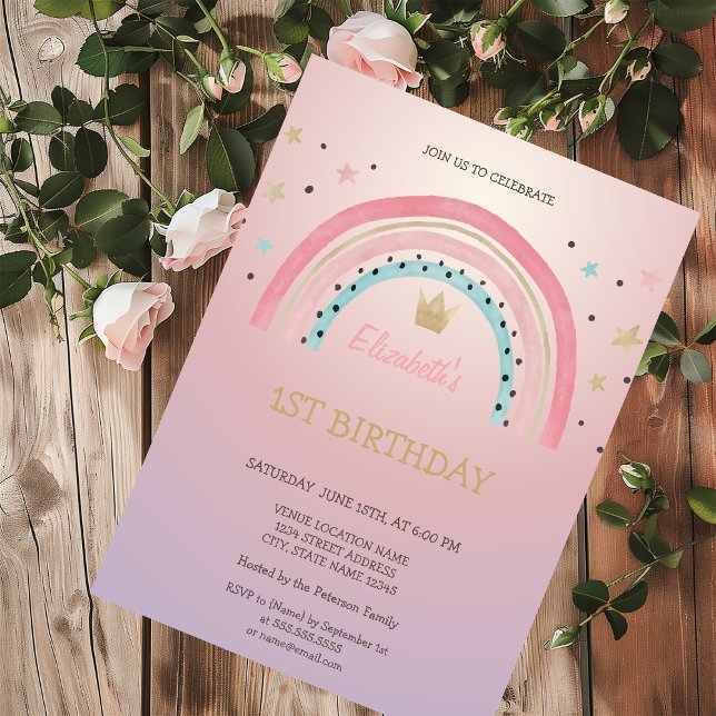 Convites Coroa de Arco-Íris Aquarela Brilho Aniversário (Criador carregado)