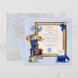 Convites Coroa de Bebê Étnico Pequeno Príncipe Dourado Azul