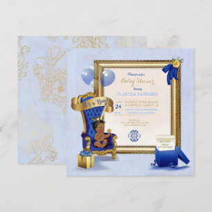 Convites Coroa de Bebê Étnico Pequeno Príncipe Dourado Azul