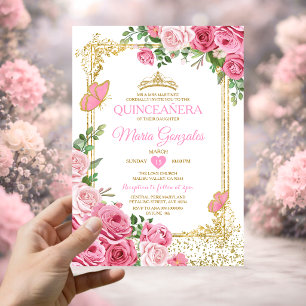 Convites Coroa de Borboleta de Ouro Rosa Quinceañera 15 Ano