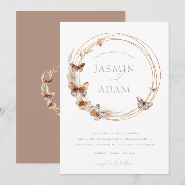 Convites Coroa de Borboleta Elegante Casamento Neutro (Frente/Verso)