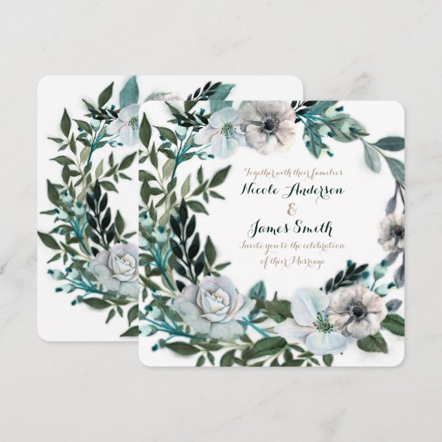 Convites Coroa de Botânica Floral Branca para Casamento (Frente/Verso)