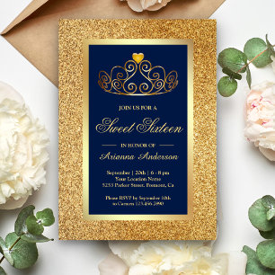 Convites Coroa de Brilho Dourada Princesa Azul Sweet Sixtee