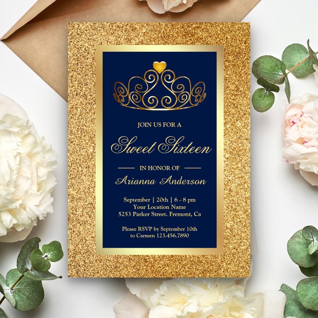 Convites Coroa de Brilho Dourada Princesa Azul Sweet Sixtee (Criador carregado)