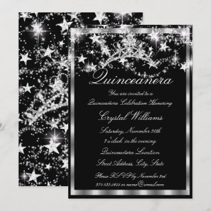 Convites Coroa de Brilho Prata Preto Estrelas Quinceanera