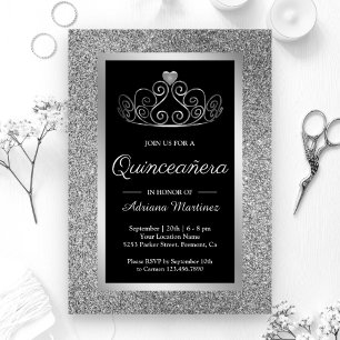 Convites Coroa de Brilho Prata Princesa Preto Quinceanera