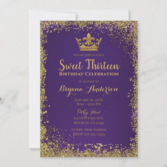 Convites Coroa de Brilho Roxo e Dourado Festa Sweet 13  (Frente)