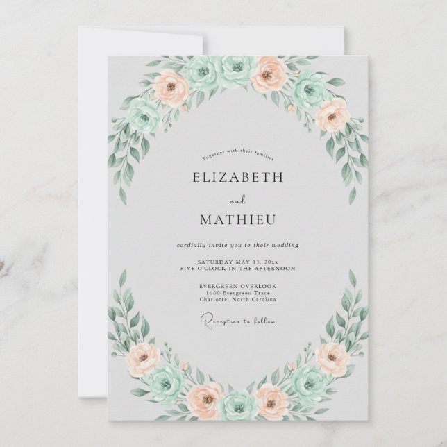 Convites Coroa de Casamento Apricot Seafoam (Frente)