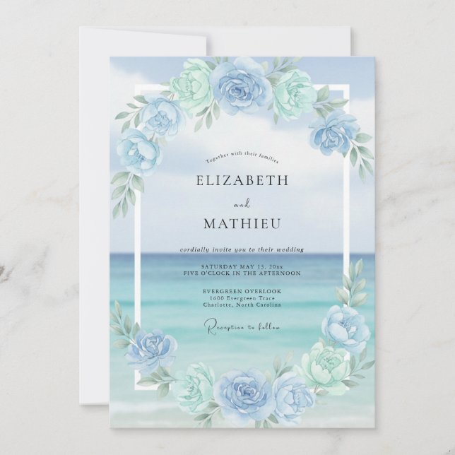 Convites Coroa de Casamento Aqua Seafoam (Frente)