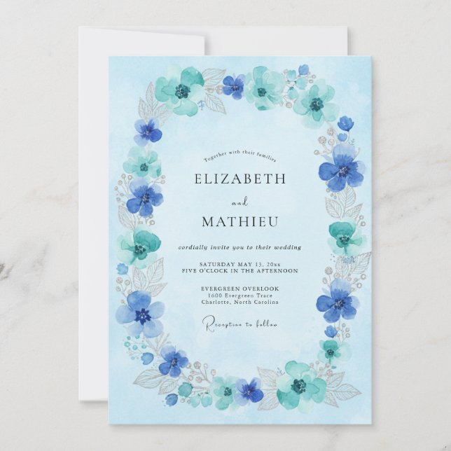 Convites Coroa de Casamento Azure Aqua (Frente)