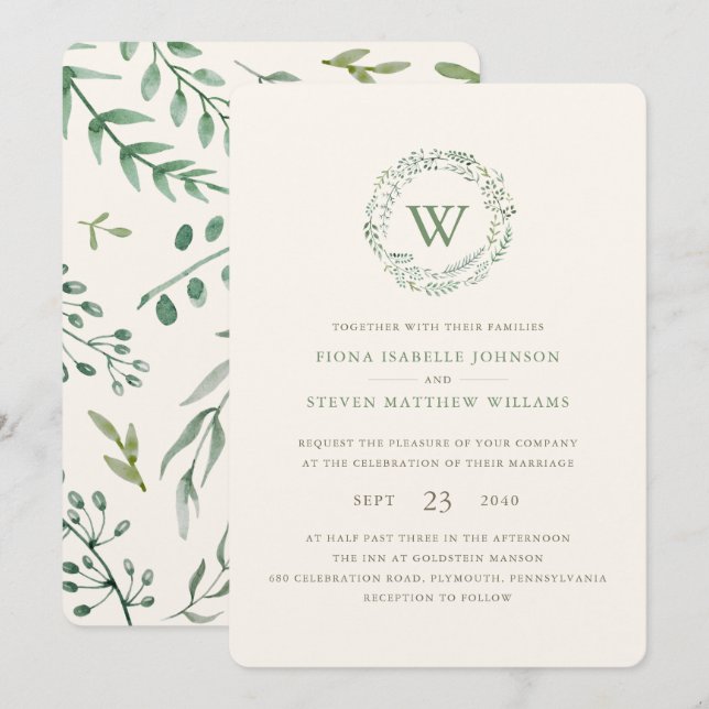 Convites Coroa de casamento com greenery em aquarela elegan (Frente/Verso)