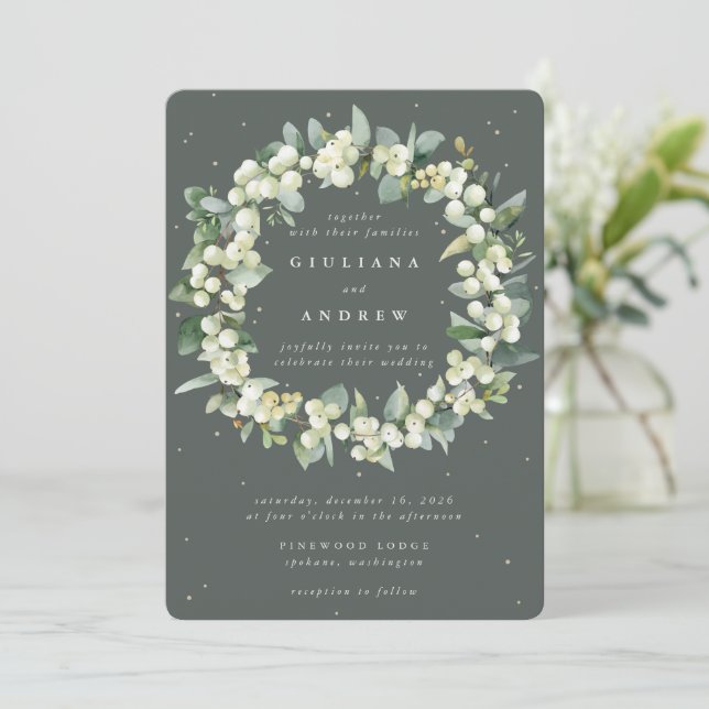 Convites Coroa de casamento de Gray Green Snowberry + Eucal (Em pé/Frente)
