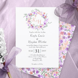 Convites Coroa de Casamento de Lilás e Rosa Pêssego