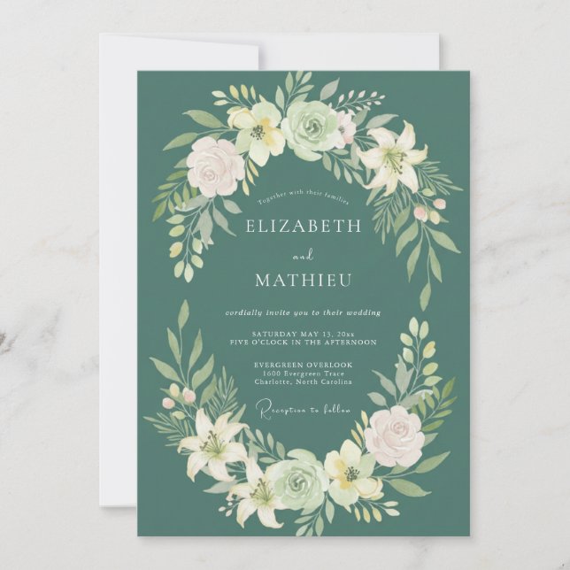 Convites Coroa de Casamento em Azul Teal Profundo (Frente)