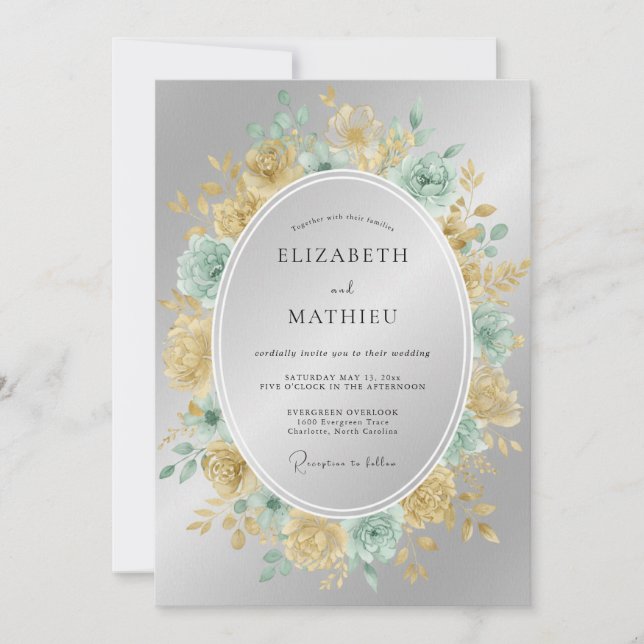 Convites Coroa de Casamento em Teal e Champanhe (Frente)