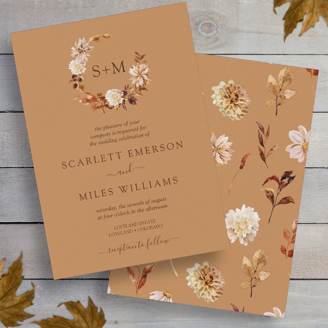Convites Coroa de Casamento em Terracota com Monograma Gold (Gold Fall Terracotta Monogram Wreath Wedding Invitation
)