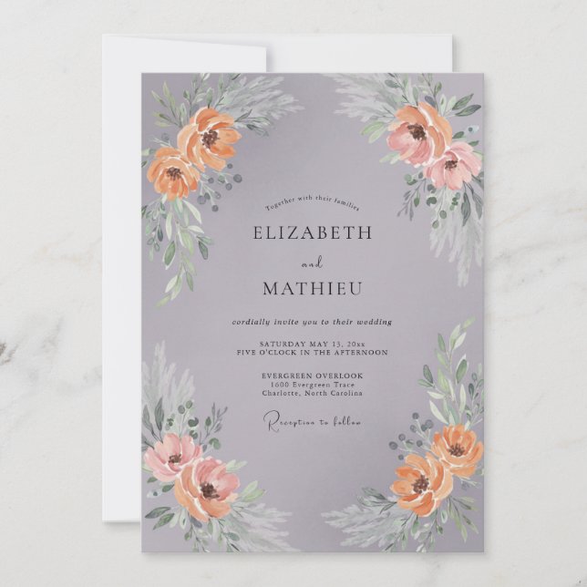 Convites Coroa de Casamento Floral de Pêssego Cinza (Frente)