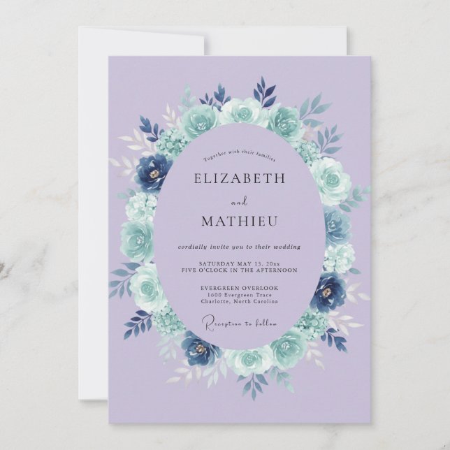 Convites Coroa de Casamento Floral Lavanda Azul (Frente)