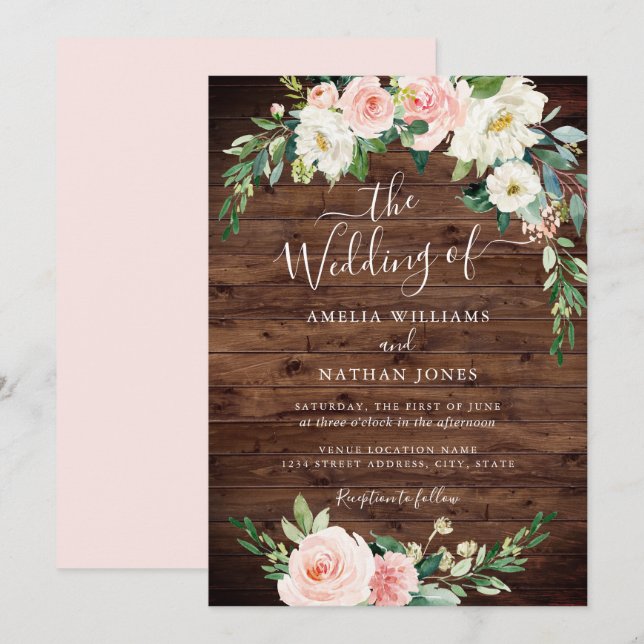 Convites Coroa de casamento floral rústica em rosa dourado (Frente/Verso)
