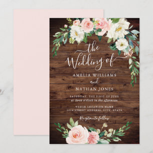 Convites Coroa de casamento floral rústica em rosa dourado