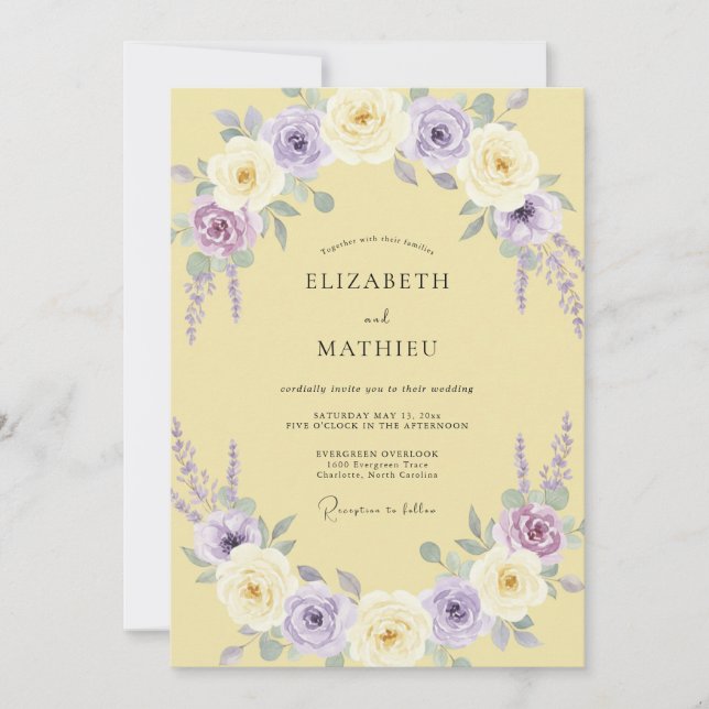 Convites Coroa de Casamento Lilás Amarelo Manteiga (Frente)
