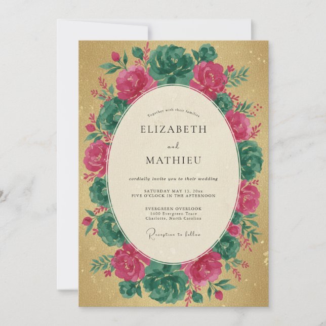 Convites Coroa de Casamento Magenta Verde-água (Frente)