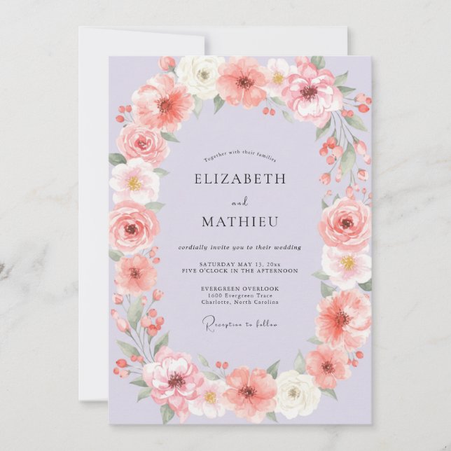 Convites Coroa de Casamento Oval Floral Rosa (Frente)