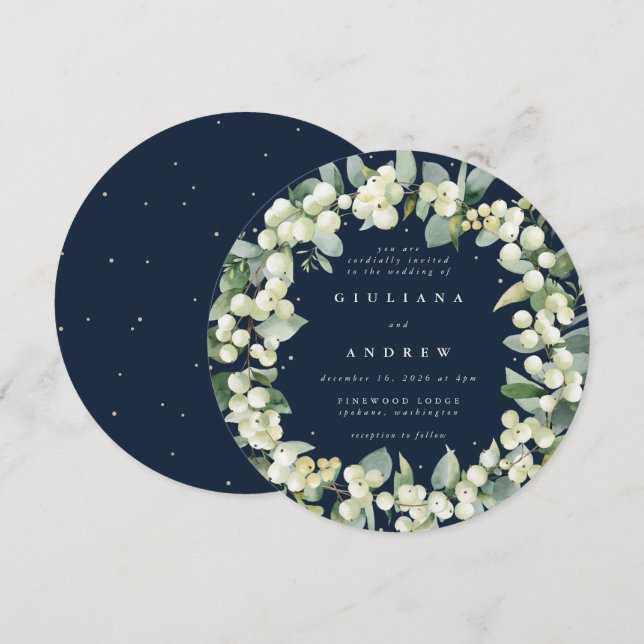 Convites Coroa de casamento redonda de neve Navy + Eucalipt (Frente/Verso)
