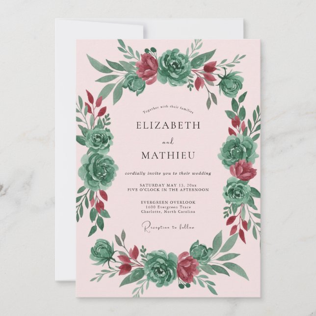 Convites Coroa de casamento rosa moderno em verde-azulado (Frente)