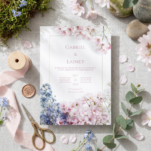 Convites Coroa de casamento Rosa Sakura Folha Azul Esverdea
