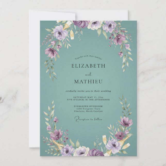 Convites Coroa de Casamento Violeta Água Suave (Frente)