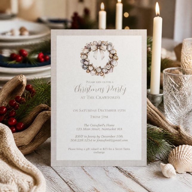 Convites Coroa de Concha de Ostra Natal Costeiro  (Oyster Shell Wreath Christmas Party Invite)