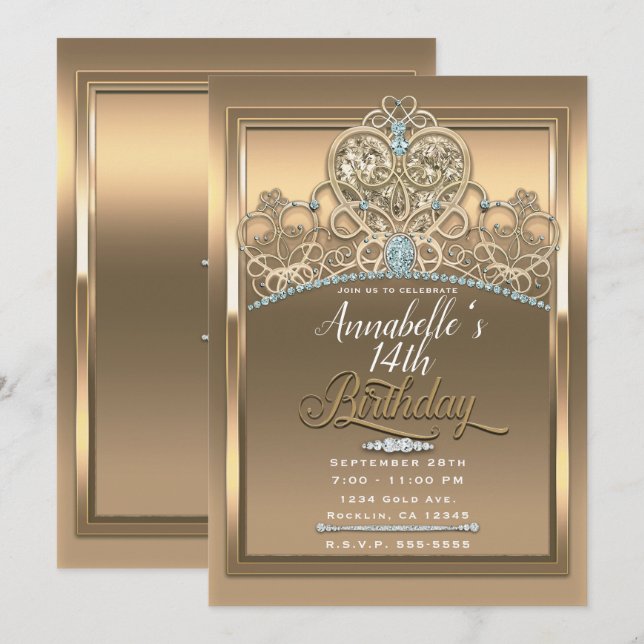 Convites Coroa de Coração Princesa Glamouroso Dourado Festa (Frente/Verso)
