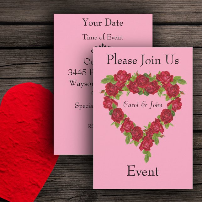 Convites Coroa de Corações Rosas Vermelhas (Romantic heart shaped wreath of red roses on pink party invitations weddings, showers, anniversaries)