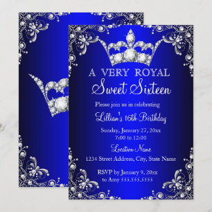 Convites Coroa de Damasco Pérola Prata Royal Blue Sweet 16