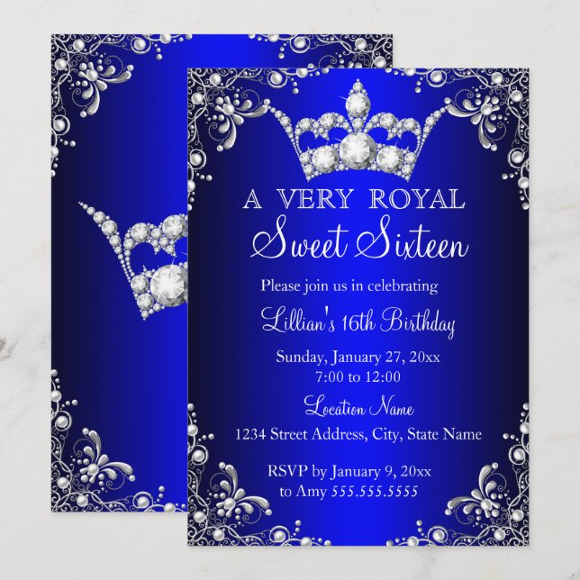 Convites Coroa de Damasco Pérola Prata Royal Blue Sweet 16 (Frente/Verso)