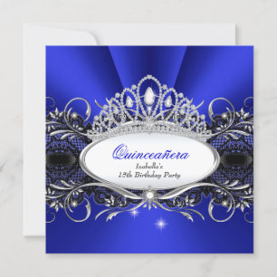 Convites Coroa de Diamante Azul Real QUINCEANERA em renda