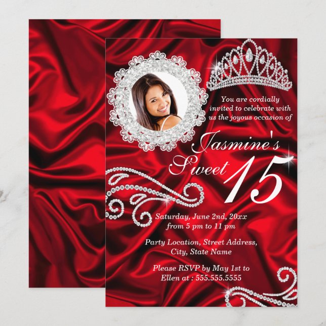 Convites Coroa de Diamante Prata Vermelha Foto Quinceanera (Frente/Verso)