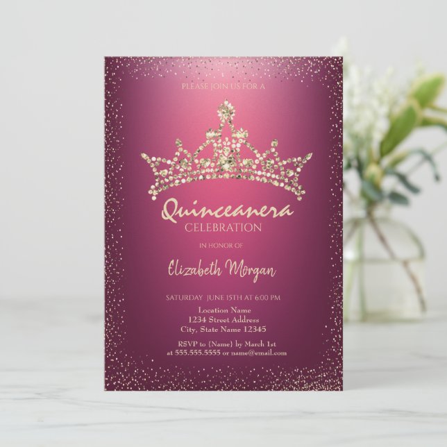 Convites Coroa de Diamantes Chic Vermelho Quinceañera (Em pé/Frente)