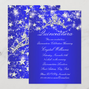 Convites Coroa de Estrelas Azul Real Brilhante Quinceanera